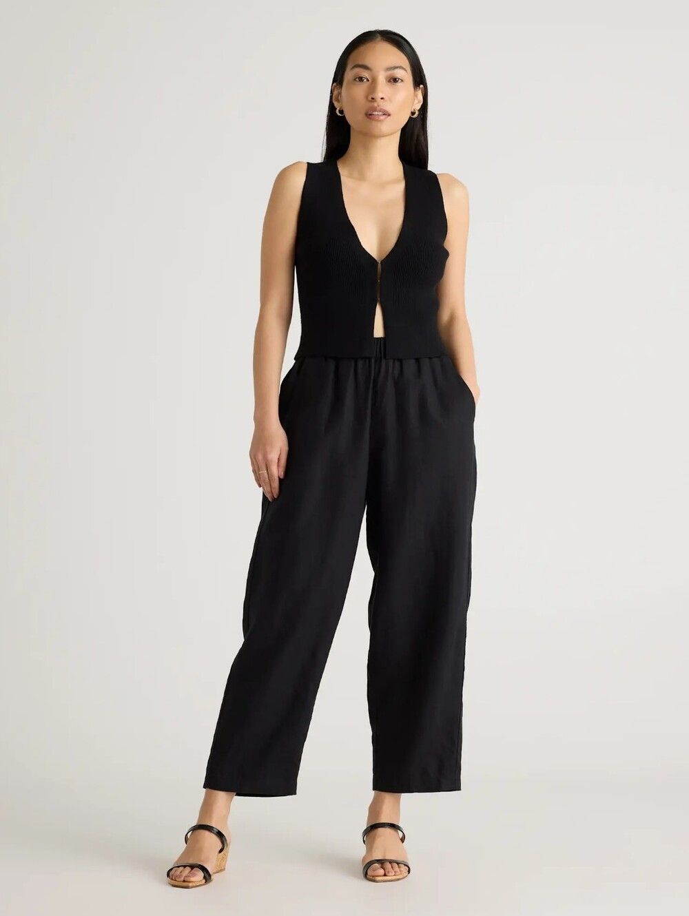 NWT Quince 100% European Linen Wide Leg Relaxed Fit Pull On Cropped Pants L